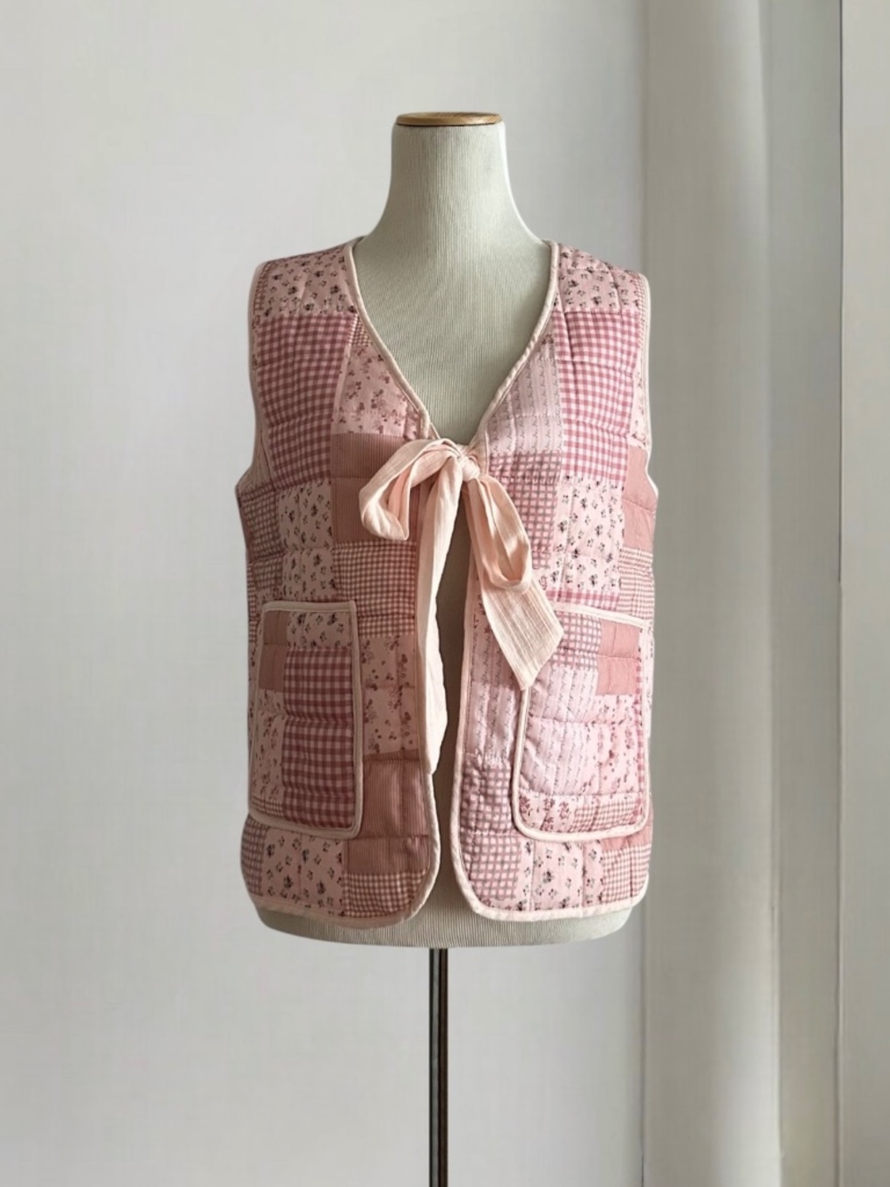 Stoosh Pink Patchwork Quilted Tie Front Vest